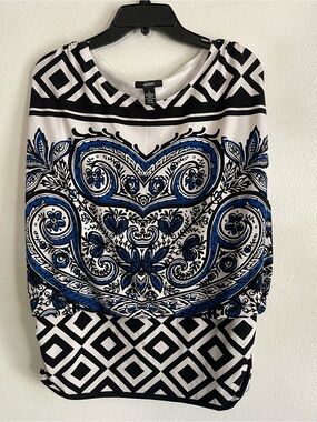 Alfani Black White Printed Top with Blue Accents